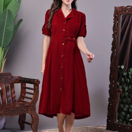 Women's Maroon Velvet Solid Printed Shirt Midi Dress with Belt