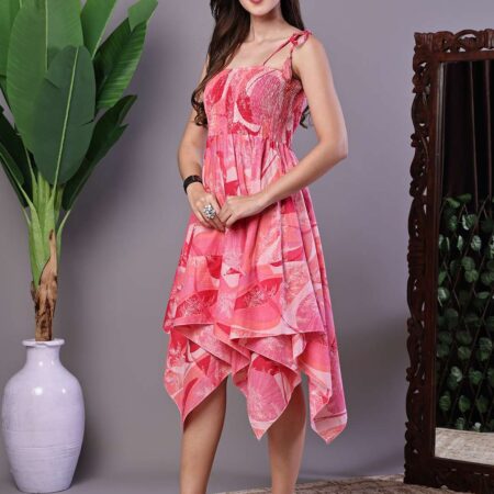 Women's Pink Printed Cotton Handkerchief Hem Midi Dress Midi Dresses