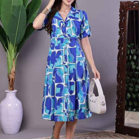 Women's Blue Abstract Print Cotton Shirt Dress