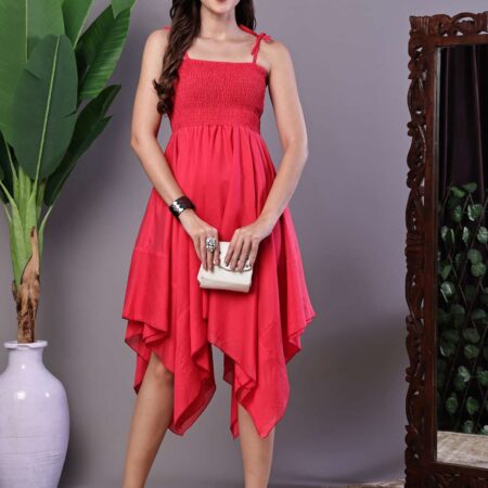 Women's Solid Red Cotton Handkerchief Hem Midi Dress Midi Dresses