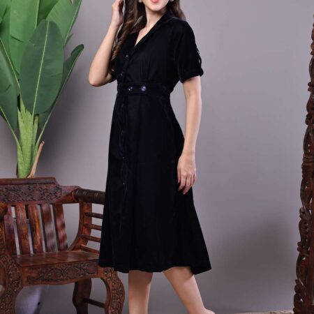 Women's Black Velvet Solid Printed Shirt Midi Dress with Belt