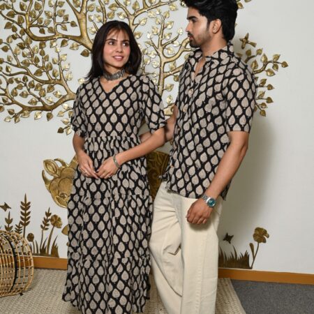 Couple Matching Black & Beige Cotton Anarkali Midi Dress and Shirt Set ? Leaf Print Twinning Outfit