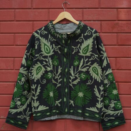 Womens Black Velvet Embroidered Jacket with Floral Design