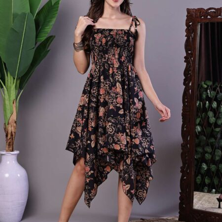 Women's Black Floral Printed Cotton Handkerchief Hem Dress Midi Dresses